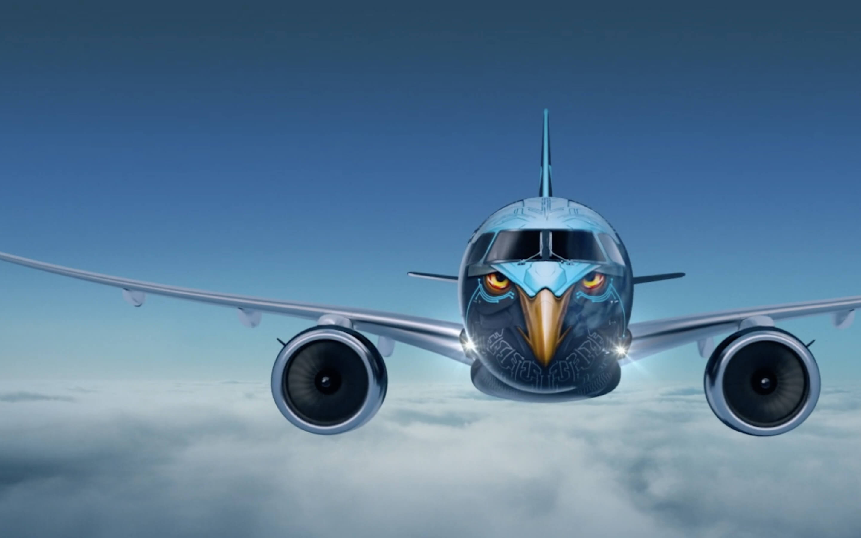 An Embraer E2 aircraft painted with a fierce eagle face flies head-on through a blue sky
