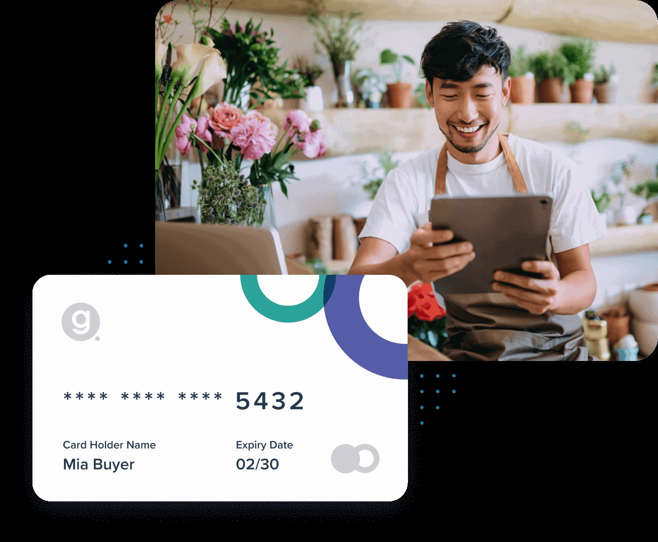 Gravity promotional illustration of a florist using a tablet beside a sample payment card