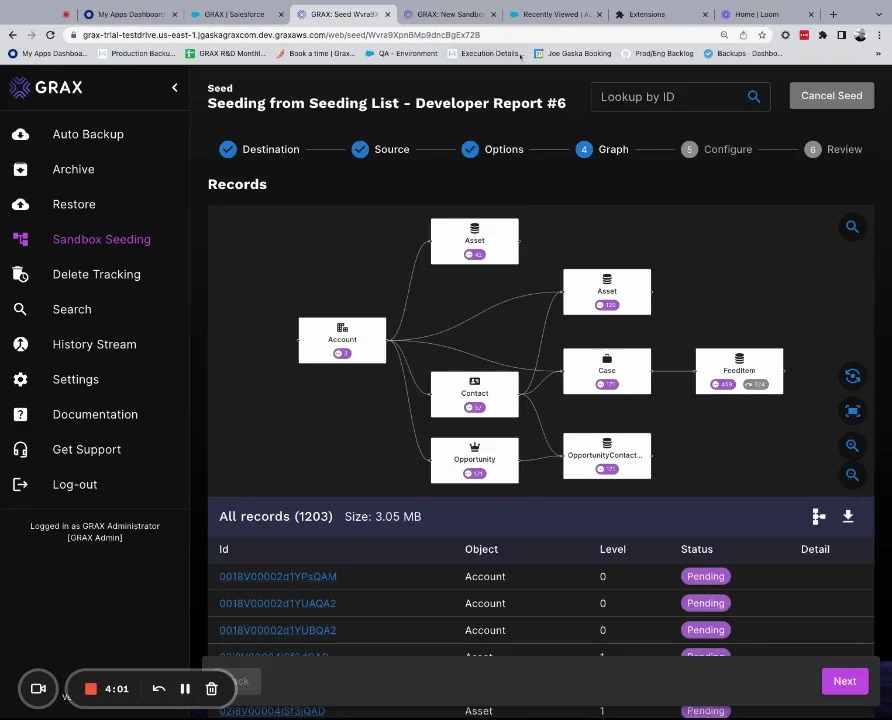 GRAX sandbox seeding interface showing connected Salesforce records and workflow steps