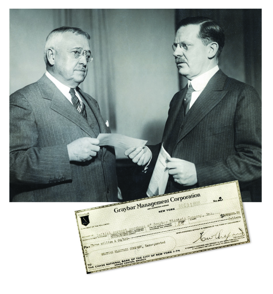 Historic Graybar employee purchase photograph with the three-million-dollar down-payment check