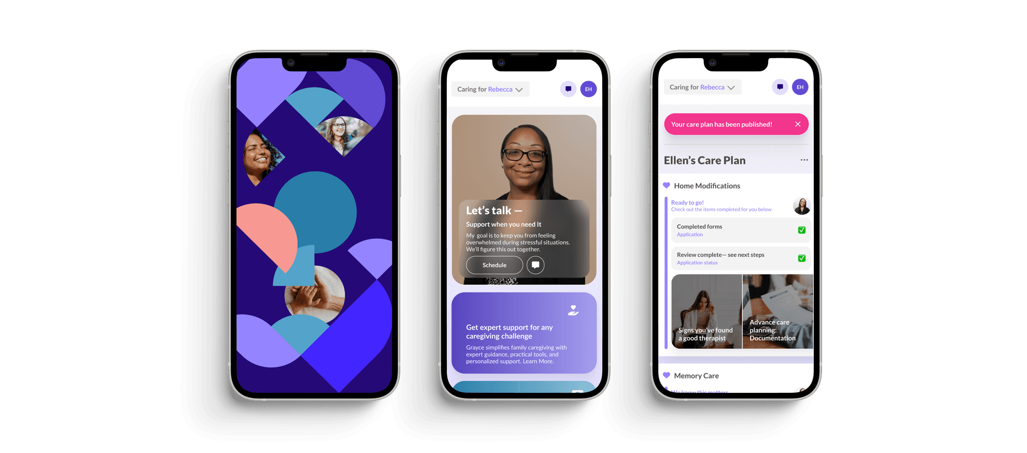 Three historical Grayce app mockups showing a welcome screen, a Care Partner and a care plan