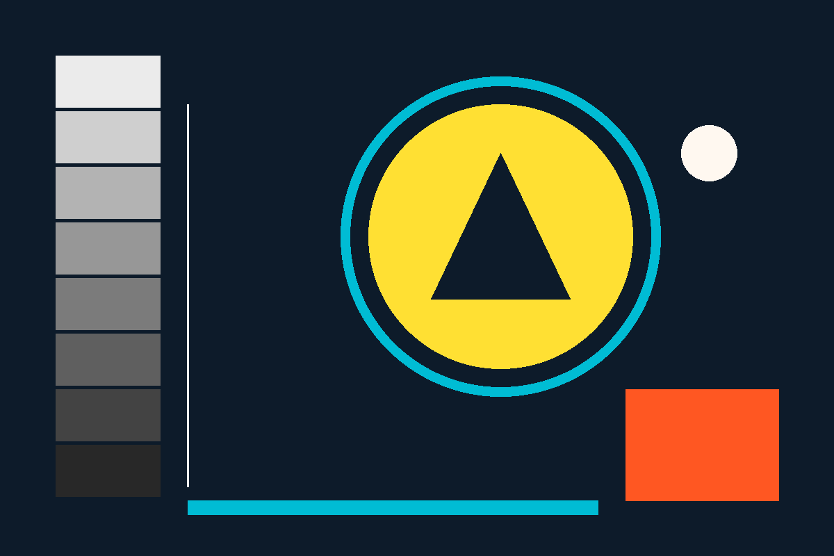 Swiss-style abstract graphic of a coin, growth arrow and grayscale gradient