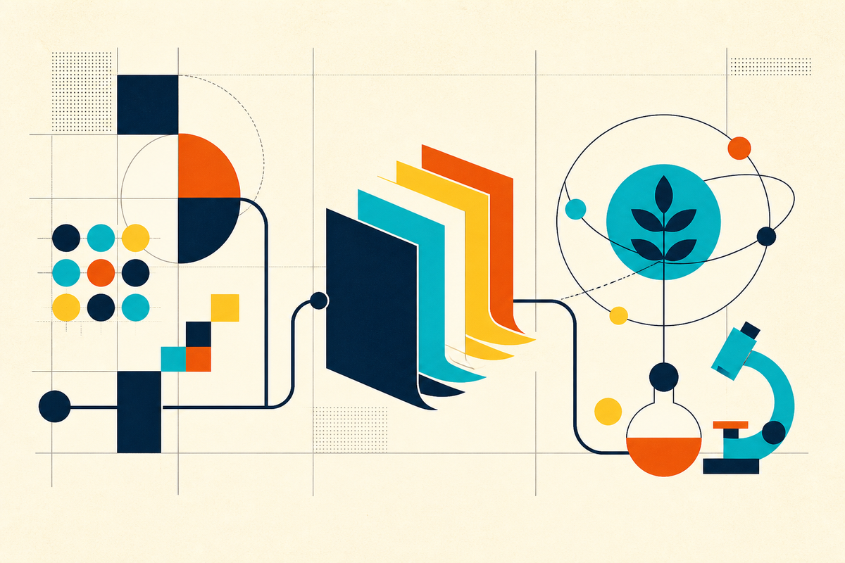 Abstract Swiss-style illustration connecting mathematical forms, layered books, and science symbols