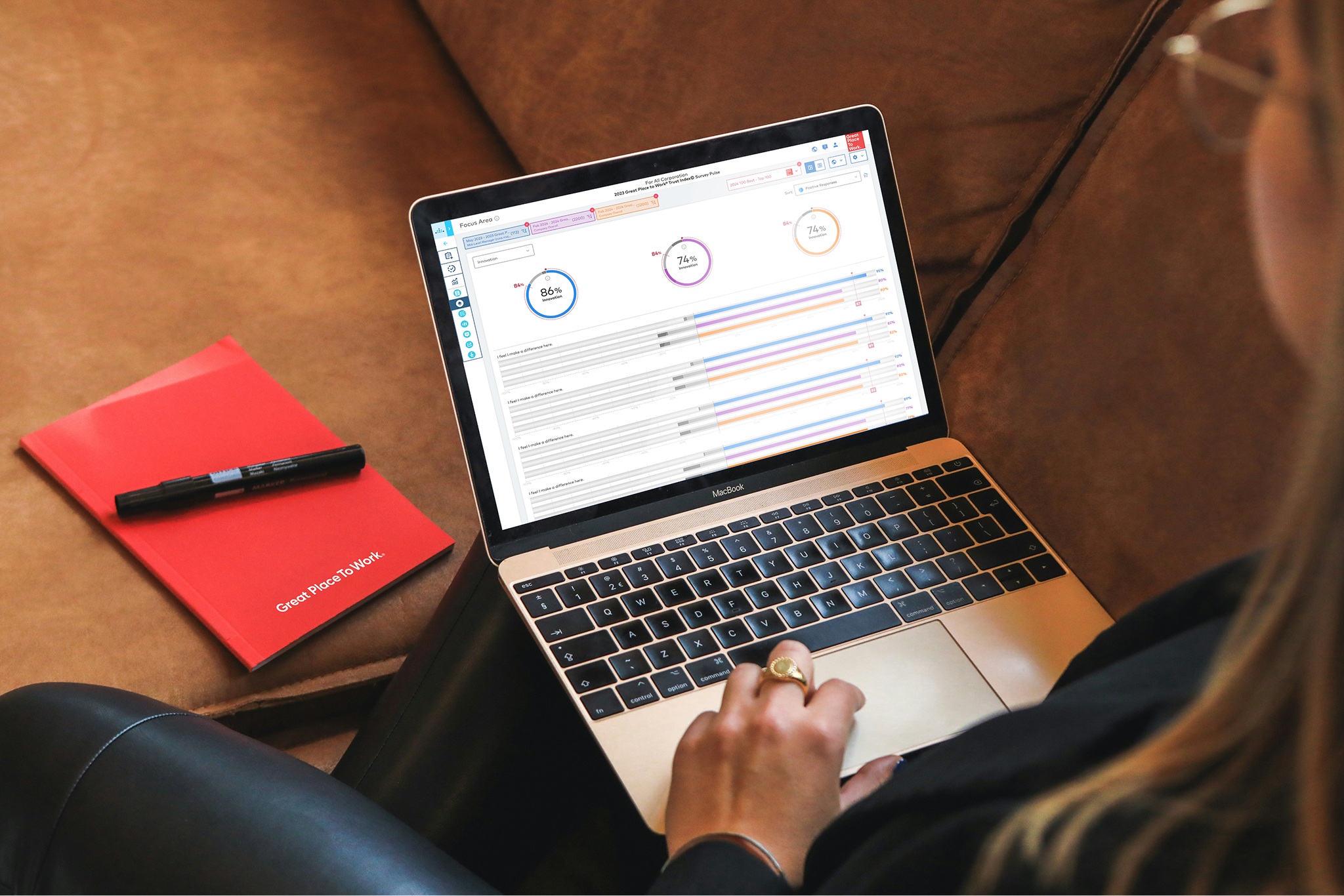 Official Emprising laptop mockup displaying focus areas and statement-level reporting