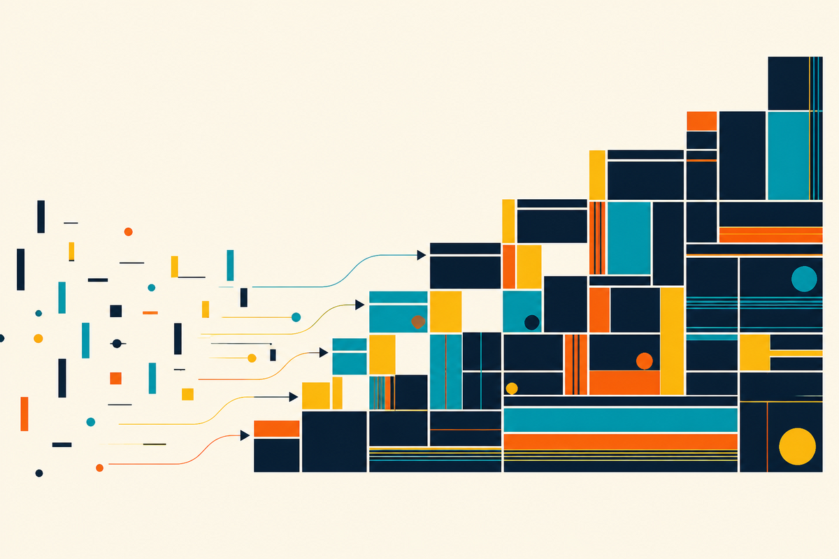 Abstract geometric modules moving from scattered pieces into an organized platform