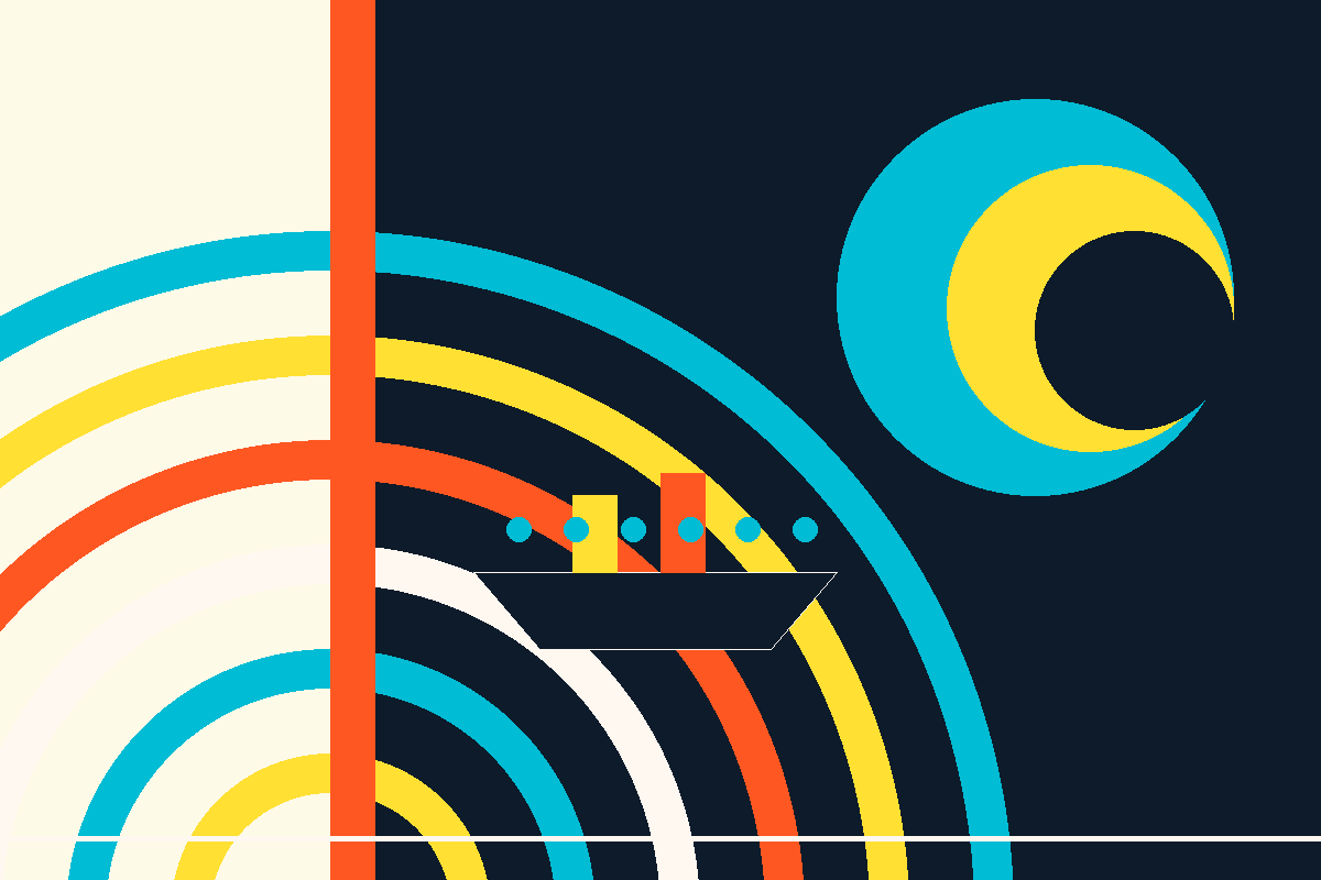 Swiss-style geometric composition in green, gold and navy evoking a football field and stadium