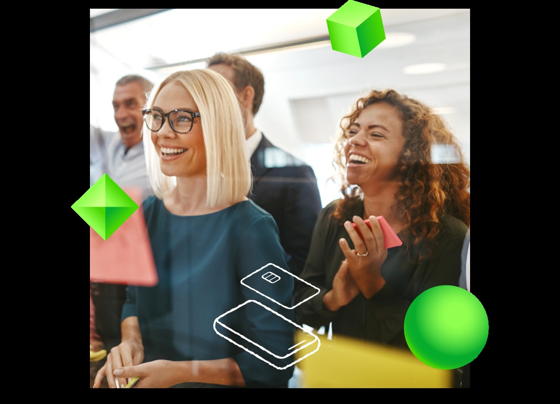 Green Dot marketing composition featuring people and illustrated payment symbols