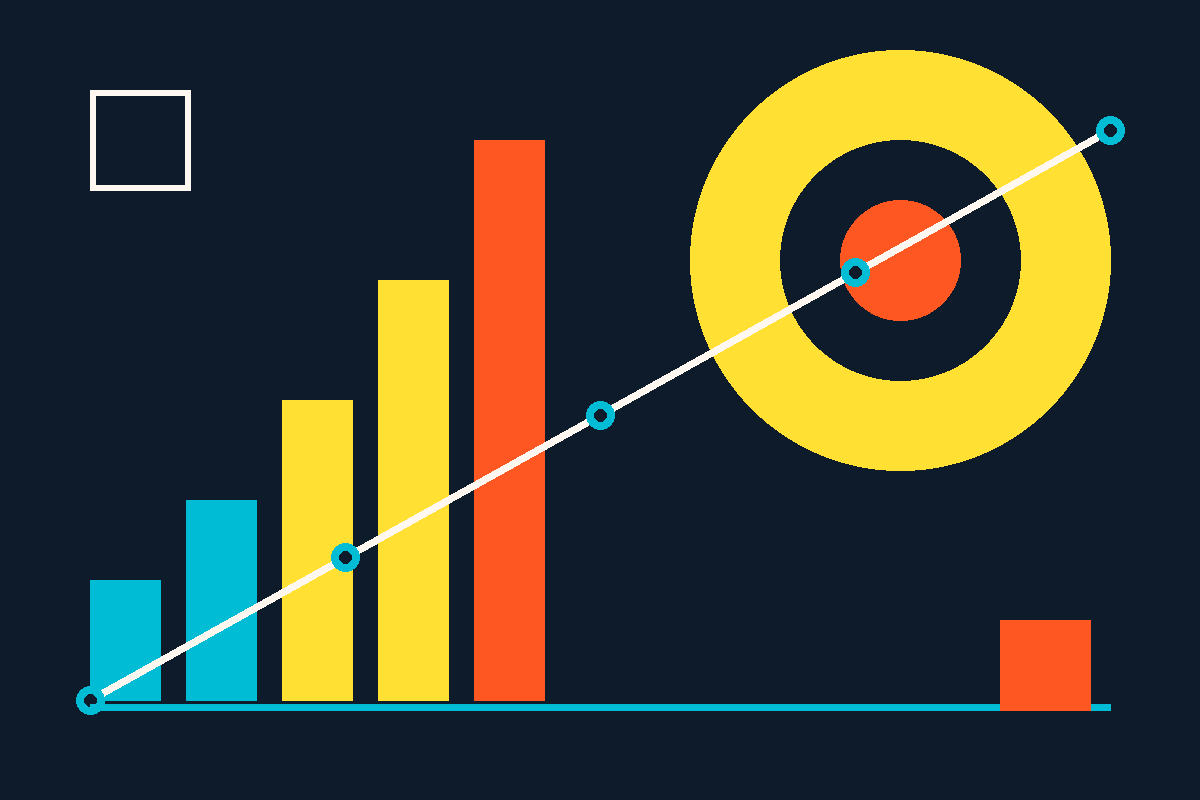 Swiss-style graphic of ascending bars and a rising trajectory line