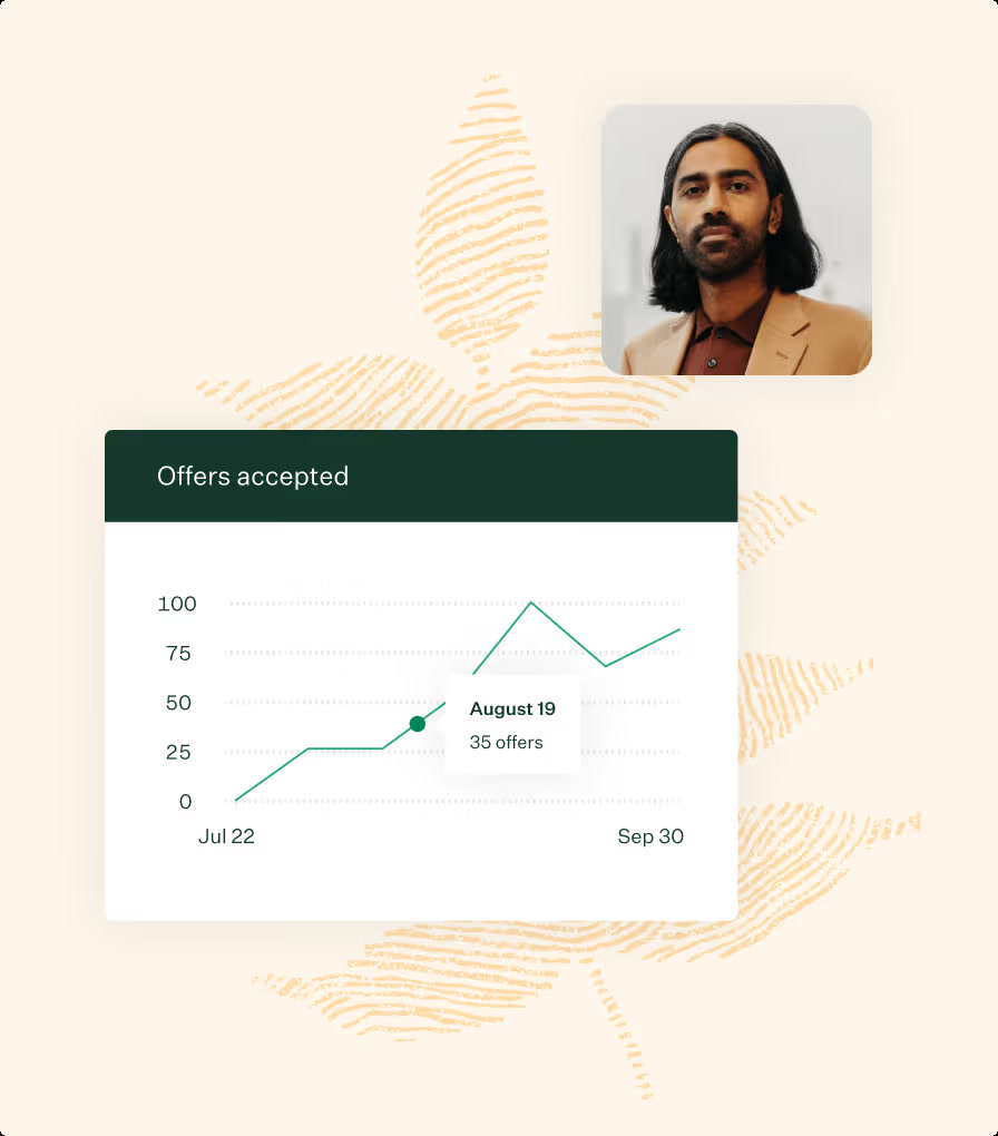 Greenhouse reporting interface showing offers accepted beside a person in an office
