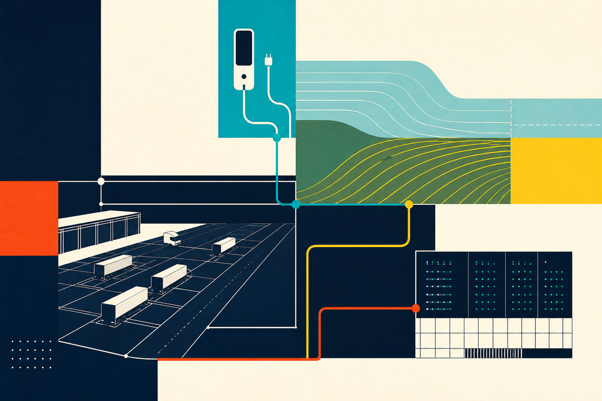 Abstract Swiss-style illustration linking a freight terminal, charging network, farmland and data infrastructure