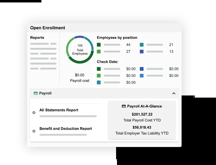 Greenshades payroll dashboard showing payroll totals and status cards