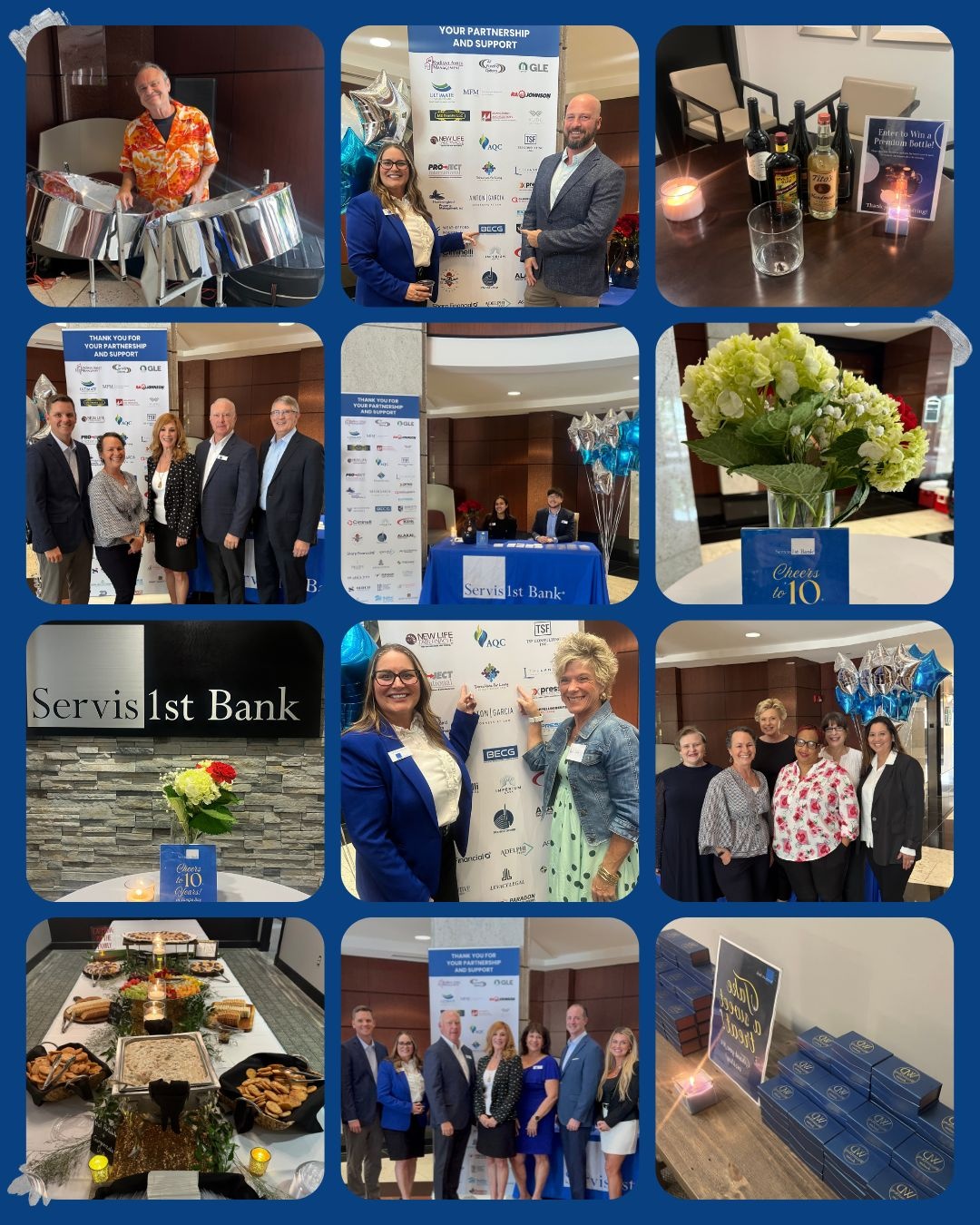 Collage of ServisFirst Bank Tampa Bay’s tenth-anniversary celebration, showing guests, team groups, steel drums and anniversary decorations