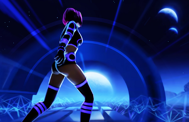 A scene from the Dancer music-driven virtual reality experience in GrooVR
