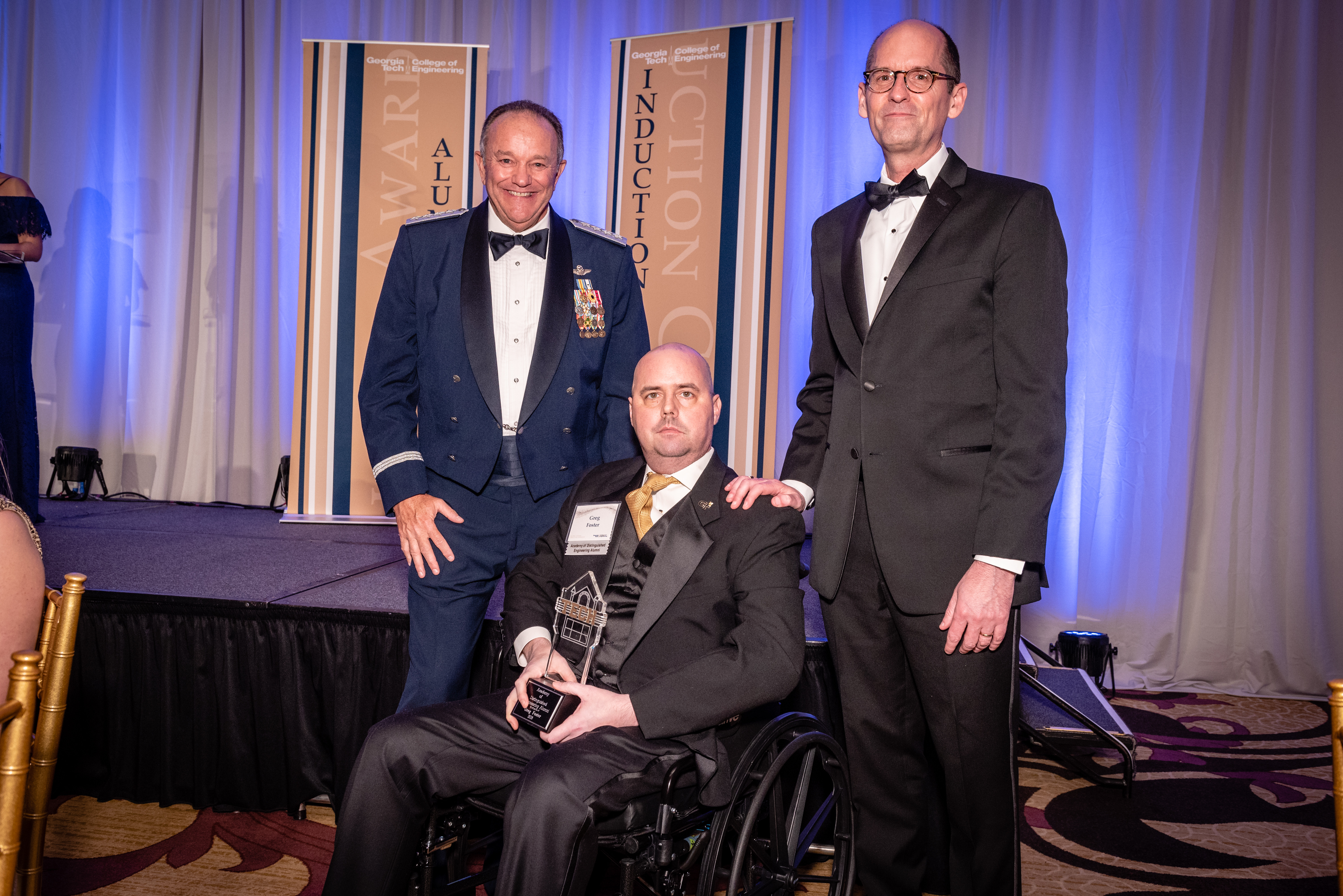 Greg Foster receiving his alumni award with Philip Breedlove and Steven McLaughlin at Georgia Tech’s 2018 ceremony.
