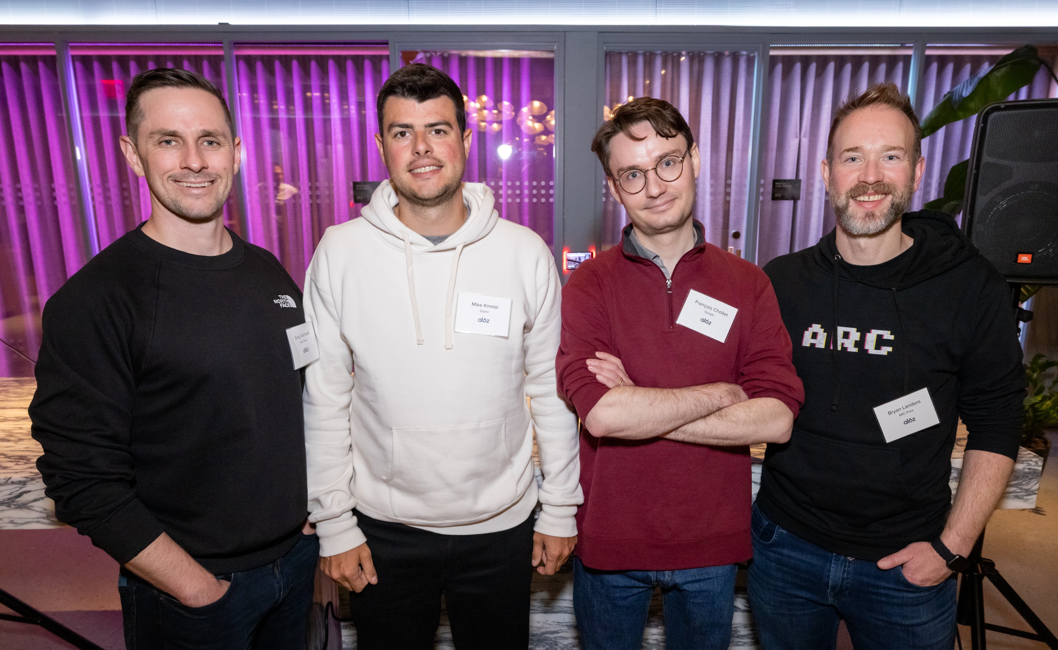 Greg Kamradt, Mike Knoop, François Chollet and Bryan Landers together at an ARC Prize gathering