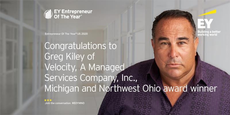 Greg Kiley pictured in Velocity’s 2020 EY Entrepreneur Of The Year regional award announcement