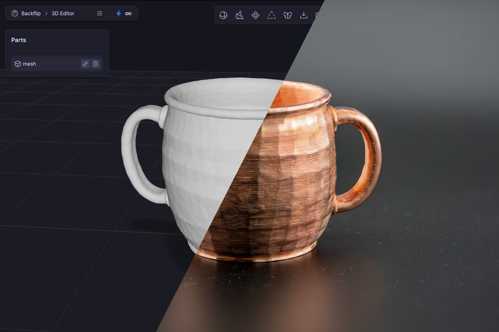 Backflip illustration showing a digital cup model alongside the printed copper cup