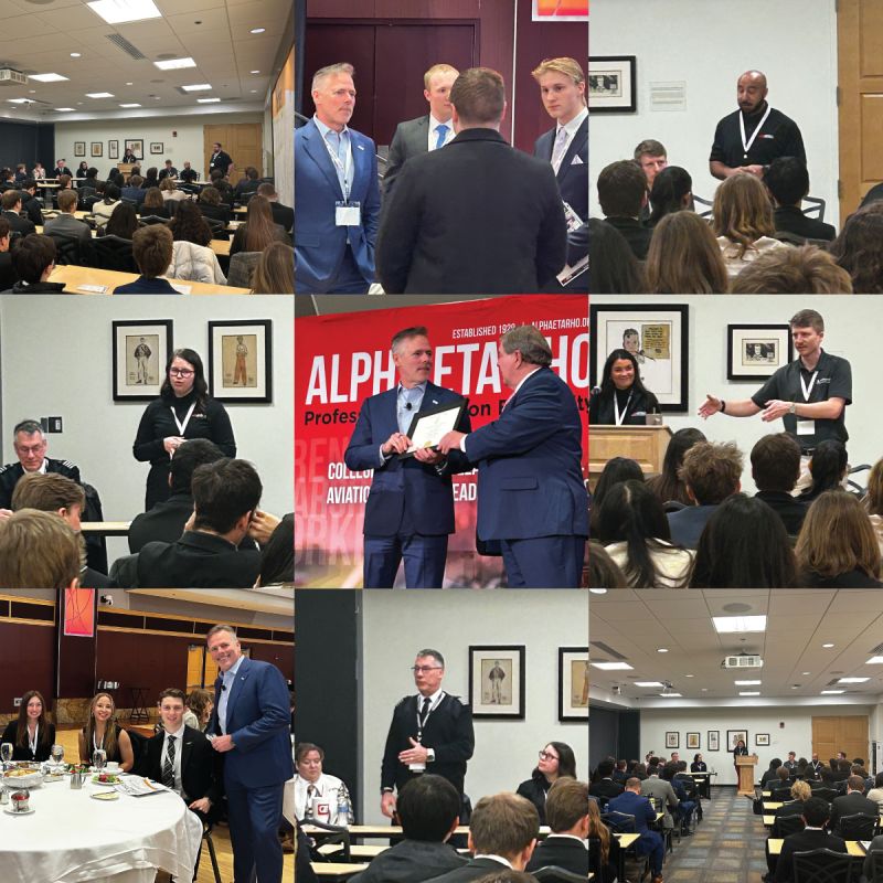 Nine-photo collage of Greg Mays and other participants meeting aviation students at the 2026 Alpha Eta Rho symposium