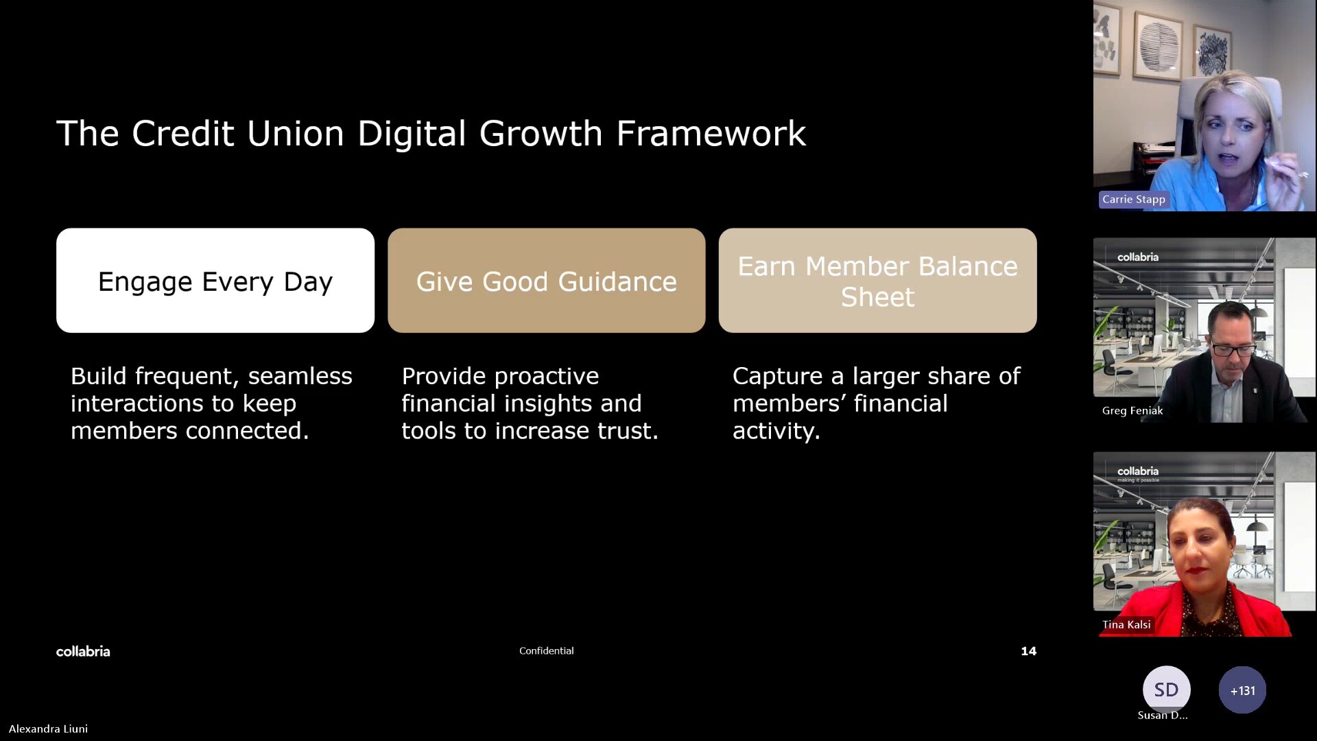 Gregory Feniak appearing in a Collabria webinar beside a slide about the credit union digital growth framework