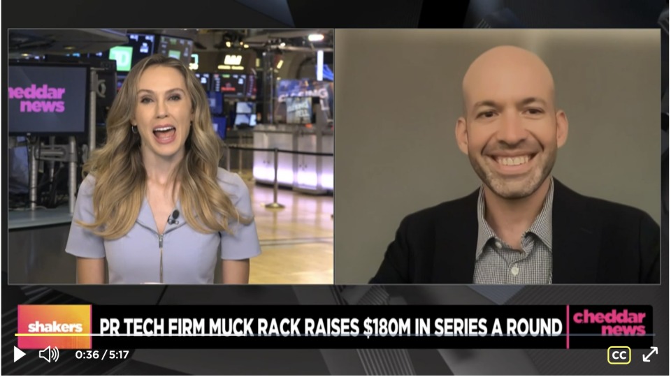 Gregory Galant in a television interview about Muck Rack's Series A investment
