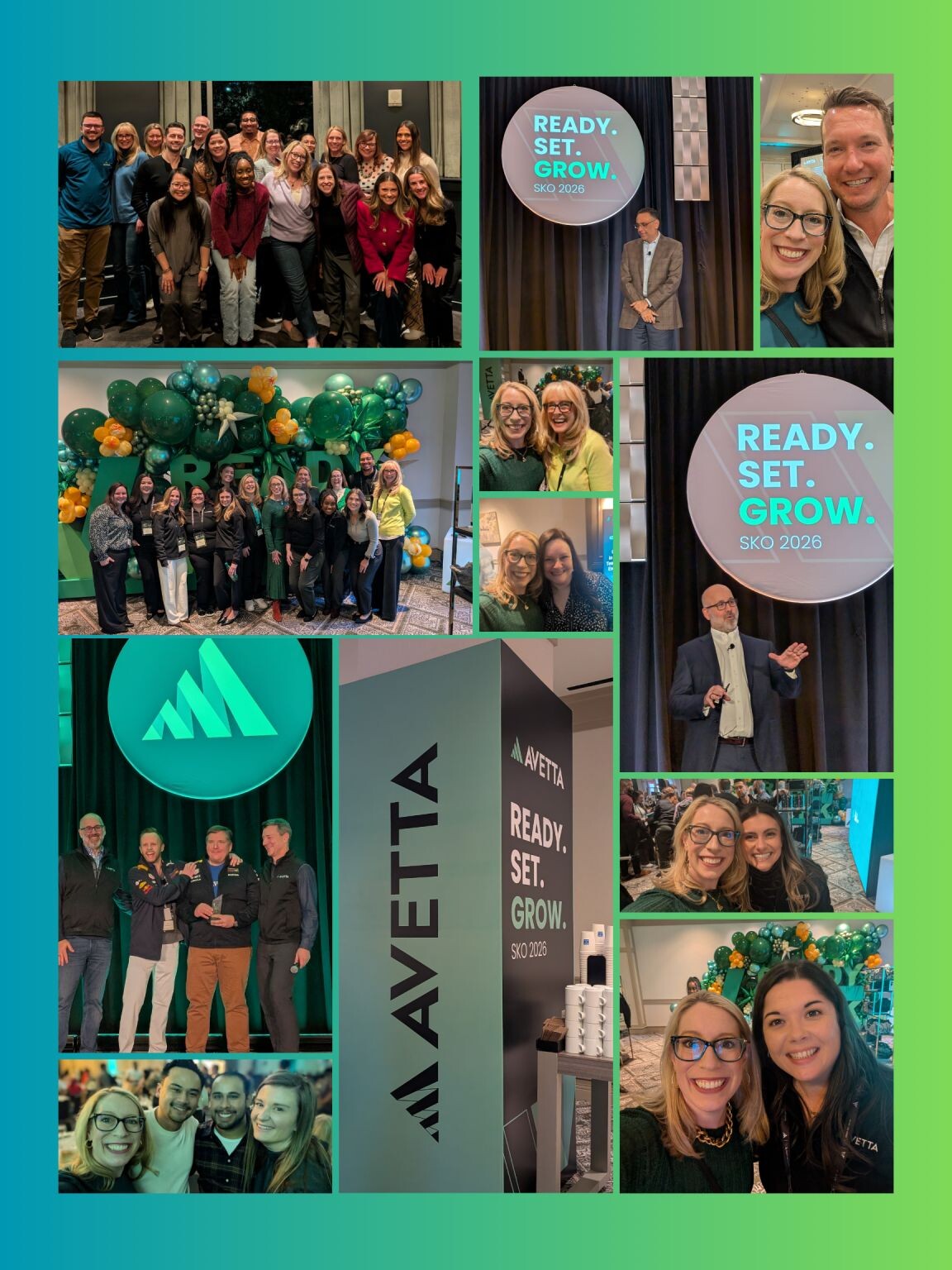 A collage from Avetta's 2026 sales kickoff showing Gretchen Eischen with colleagues, team groups, speakers and Ready Set Grow signage