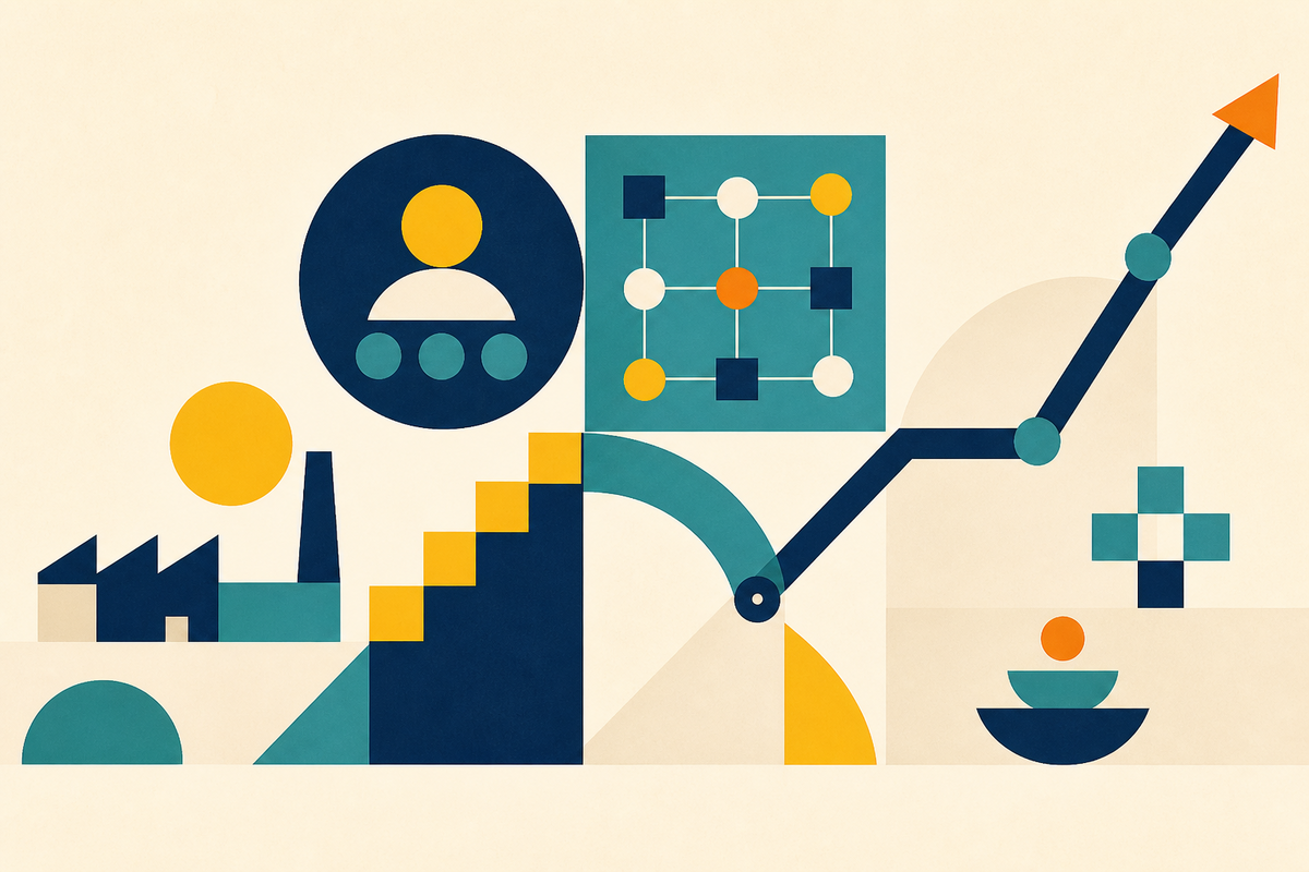 Abstract Swiss-style composition of interconnected systems, industry, people and a measured rising line