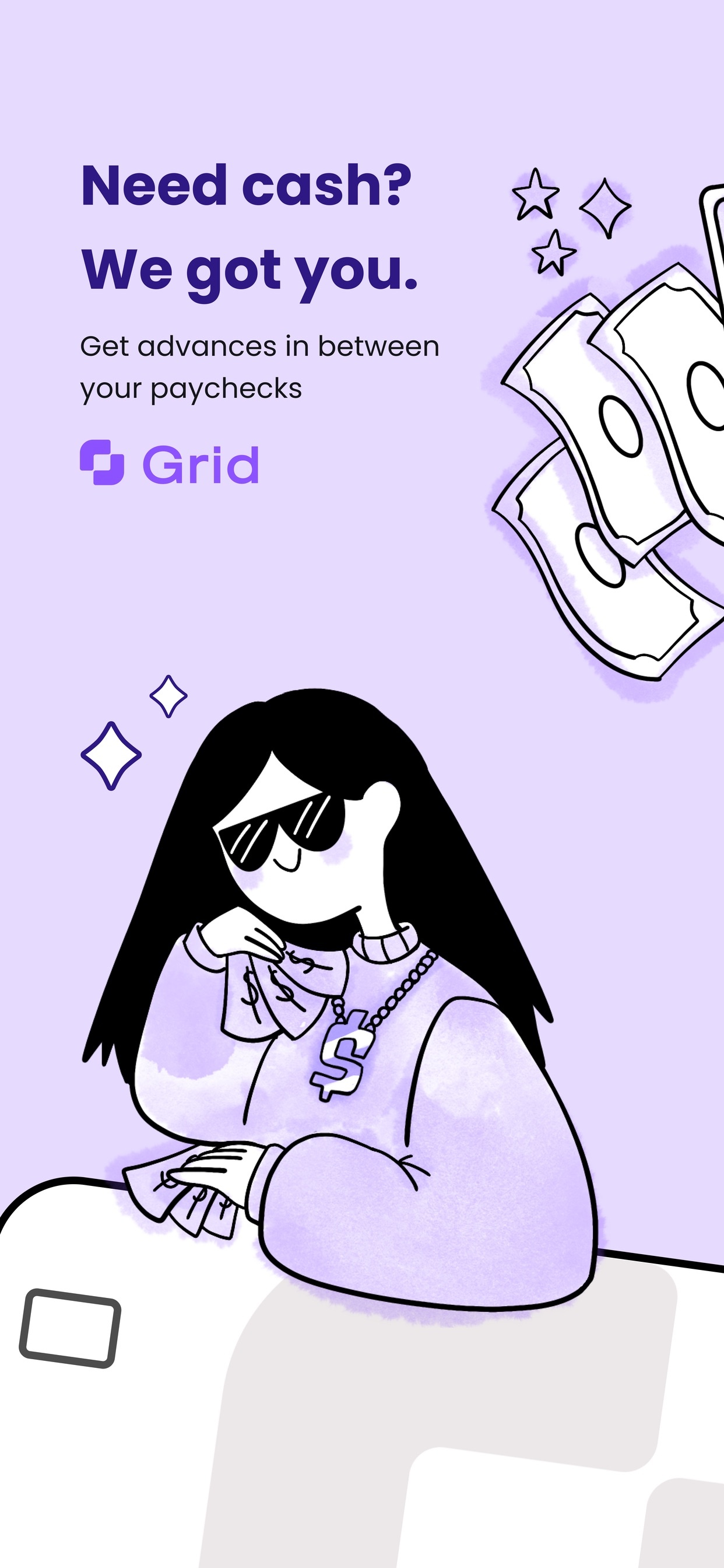 Grid’s official cash-advance promotional screen, with a purple illustration