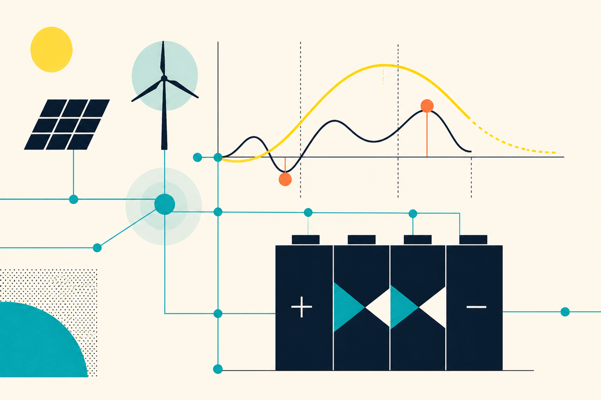 Abstract Swiss-style illustration of renewables, electricity-market curves and grid batteries