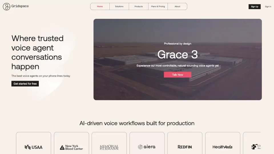The former Gridspace homepage presenting Grace 3 and voice workflows