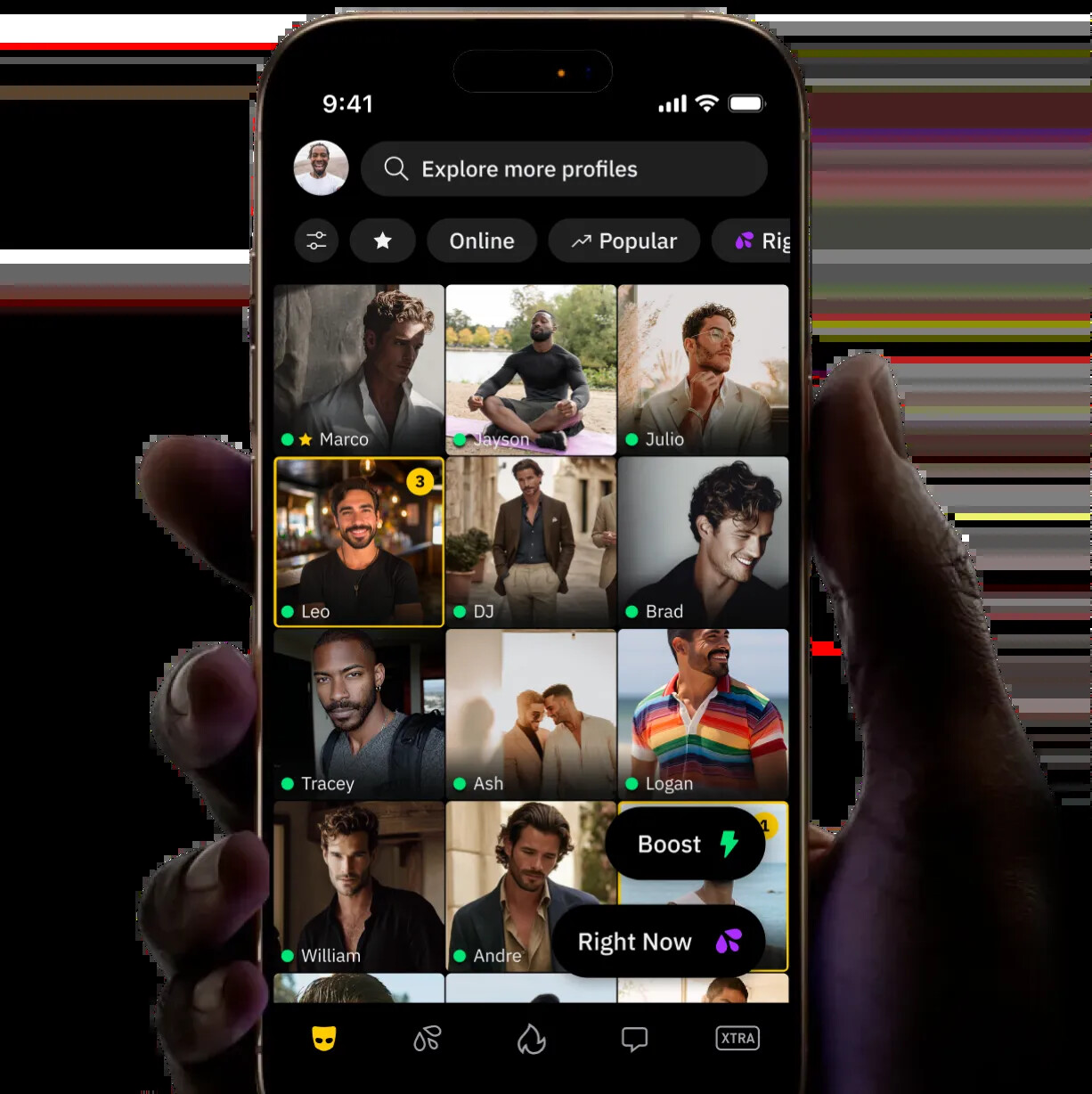A hand holding a phone showing Grindr’s profile grid and product controls