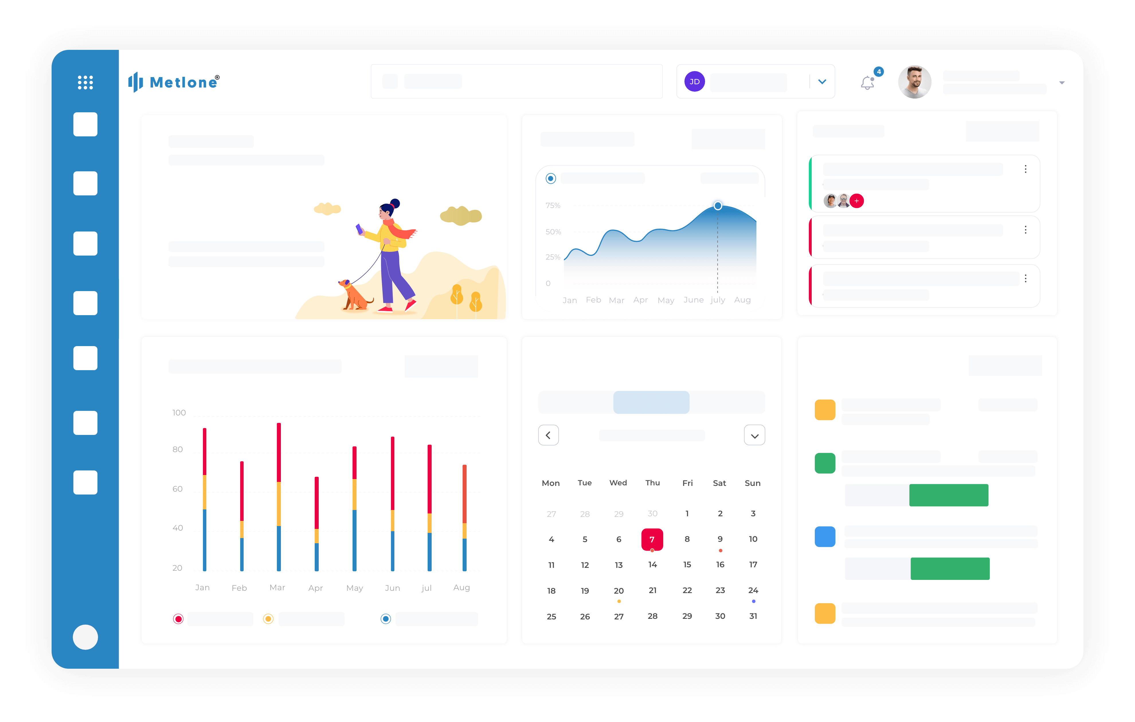 Gritstone’s promotional illustration of a Metlone dashboard with charts, calendar, and task panels