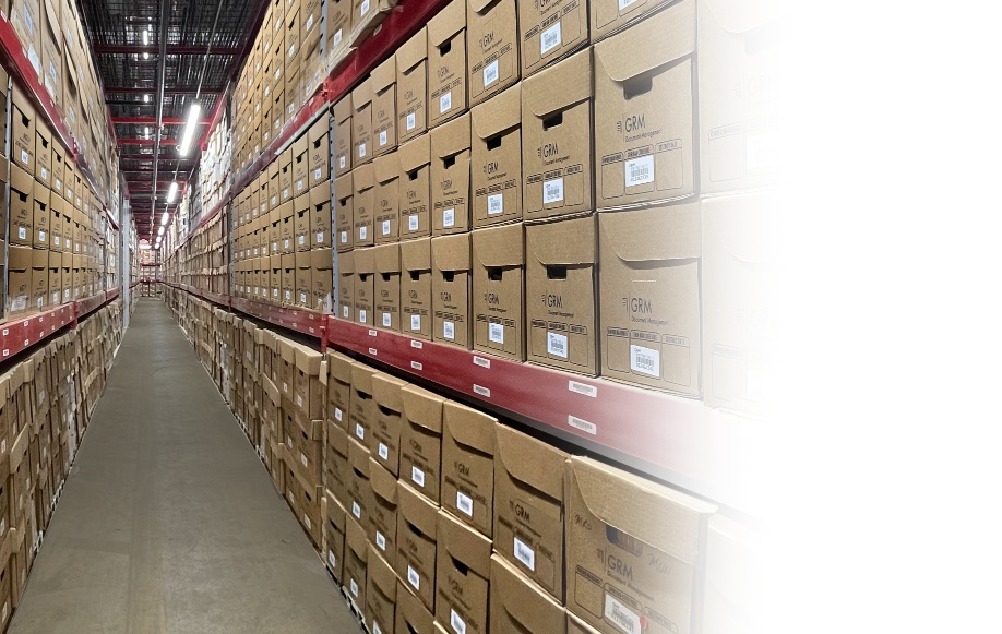 GRM document storage facility with rows of shelving for boxed records