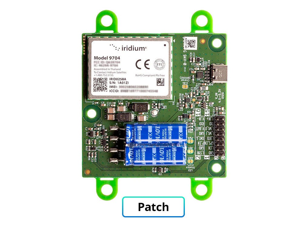 RockBLOCK 9704 circuit board with integrated patch antenna