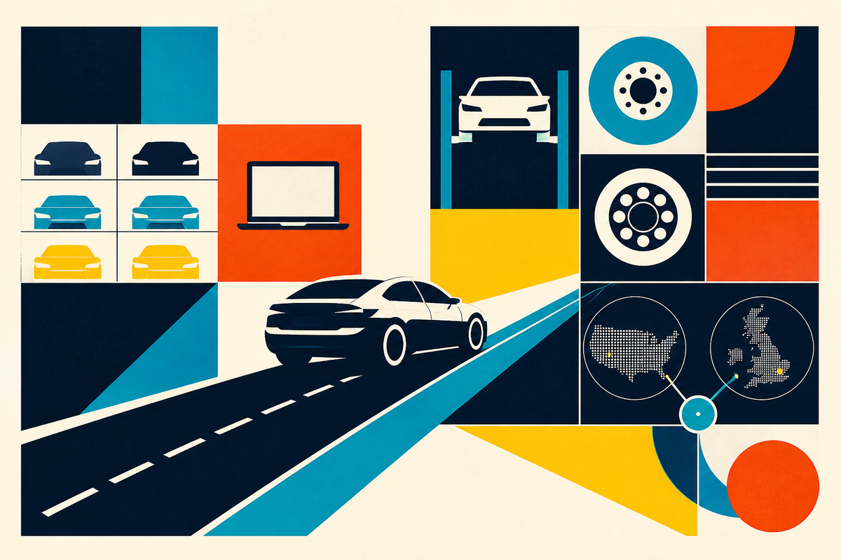 Abstract Swiss-style illustration of cars, a service bay, parts and a connected United States and United Kingdom network