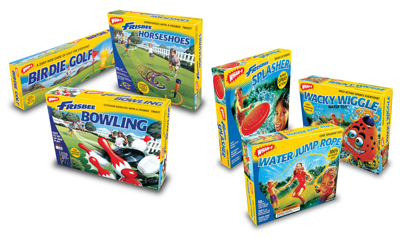 Group 22 portfolio showing yellow Wham-O boxes for outdoor games and water toys