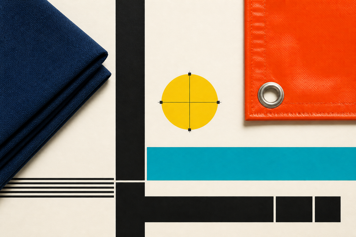 Abstract Swiss-style arrangement of folded navy fabric, an orange tarp with a grommet, and geometric print-registration forms