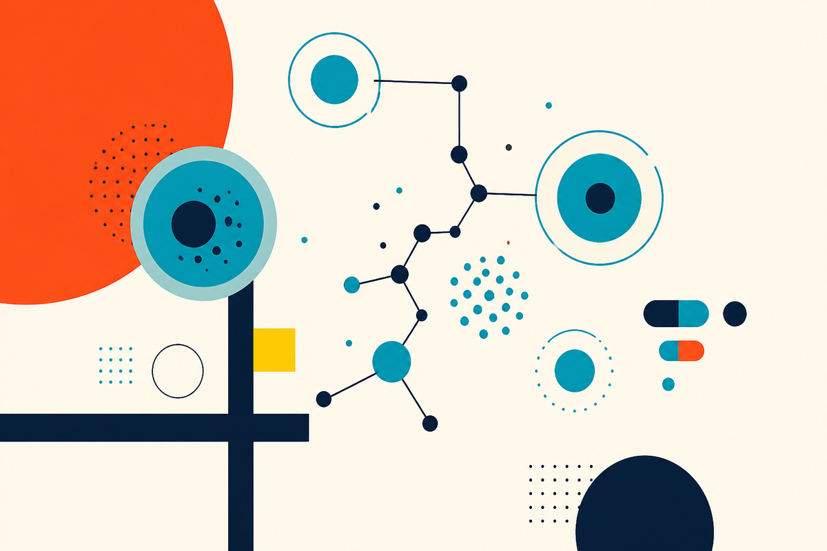 Abstract Swiss Style composition of cells, orbital rings, molecular paths and geometric medicine forms
