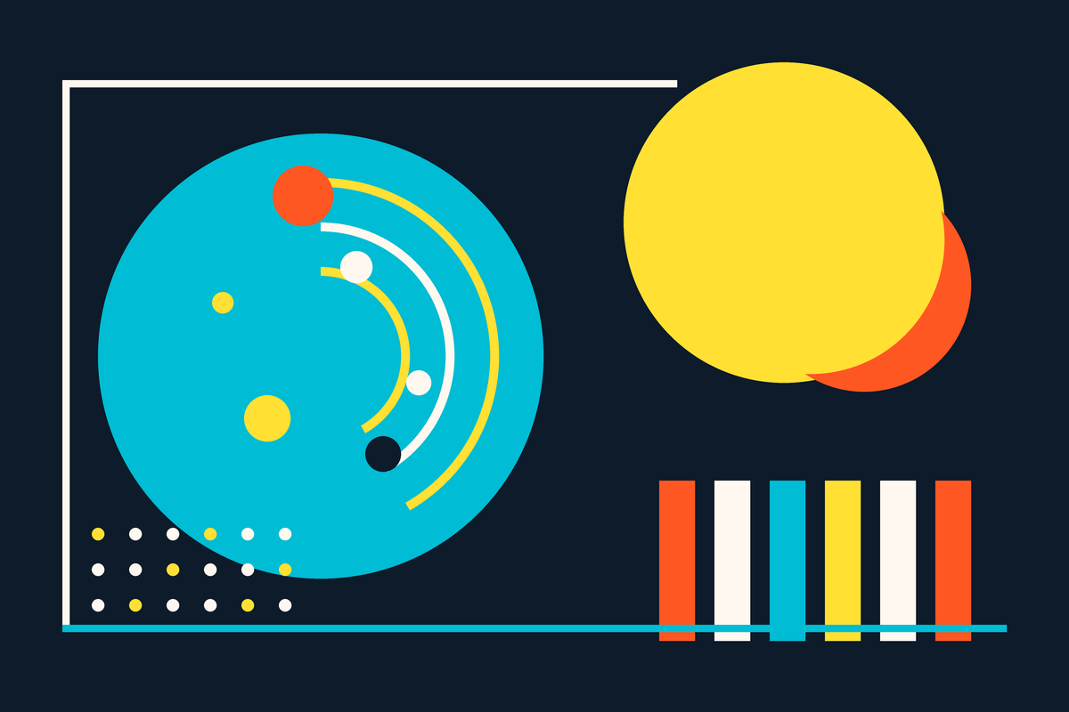Abstract Swiss-style graphic of circles, arcs and bars in the GT's palette