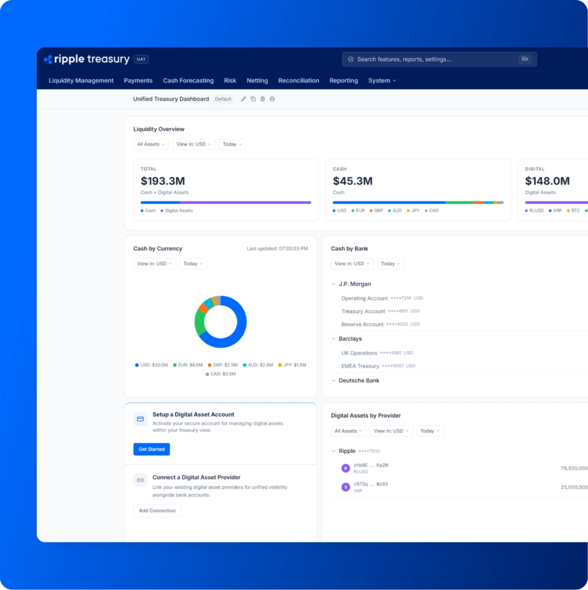 Ripple Treasury Unified Treasury product dashboard showing liquidity and account views
