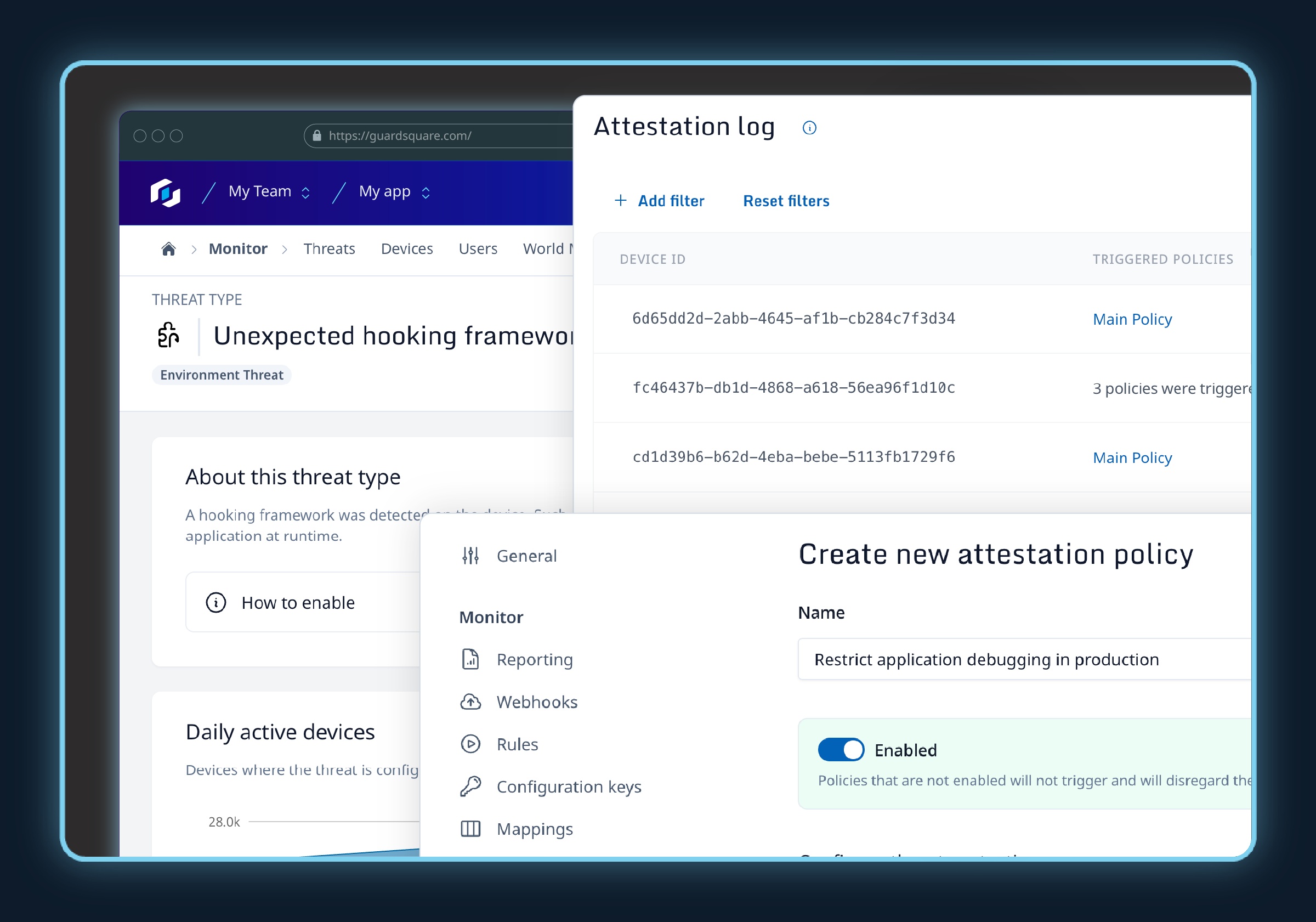 Guardsquare app attestation product interface showing security policies and app integrity controls