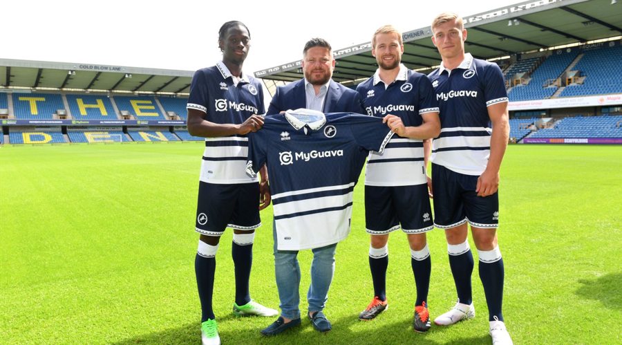 Millwall partnership announcement photograph with the MyGuava-sponsored football shirt