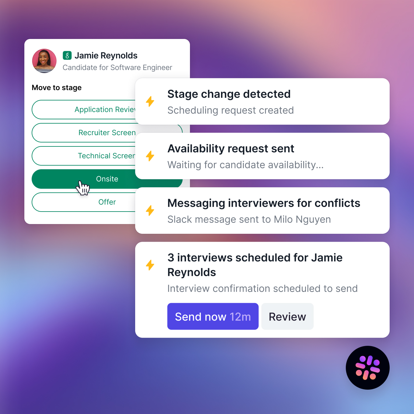 Guide’s illustrative product screen showing a candidate stage change followed by availability and interview scheduling notifications.