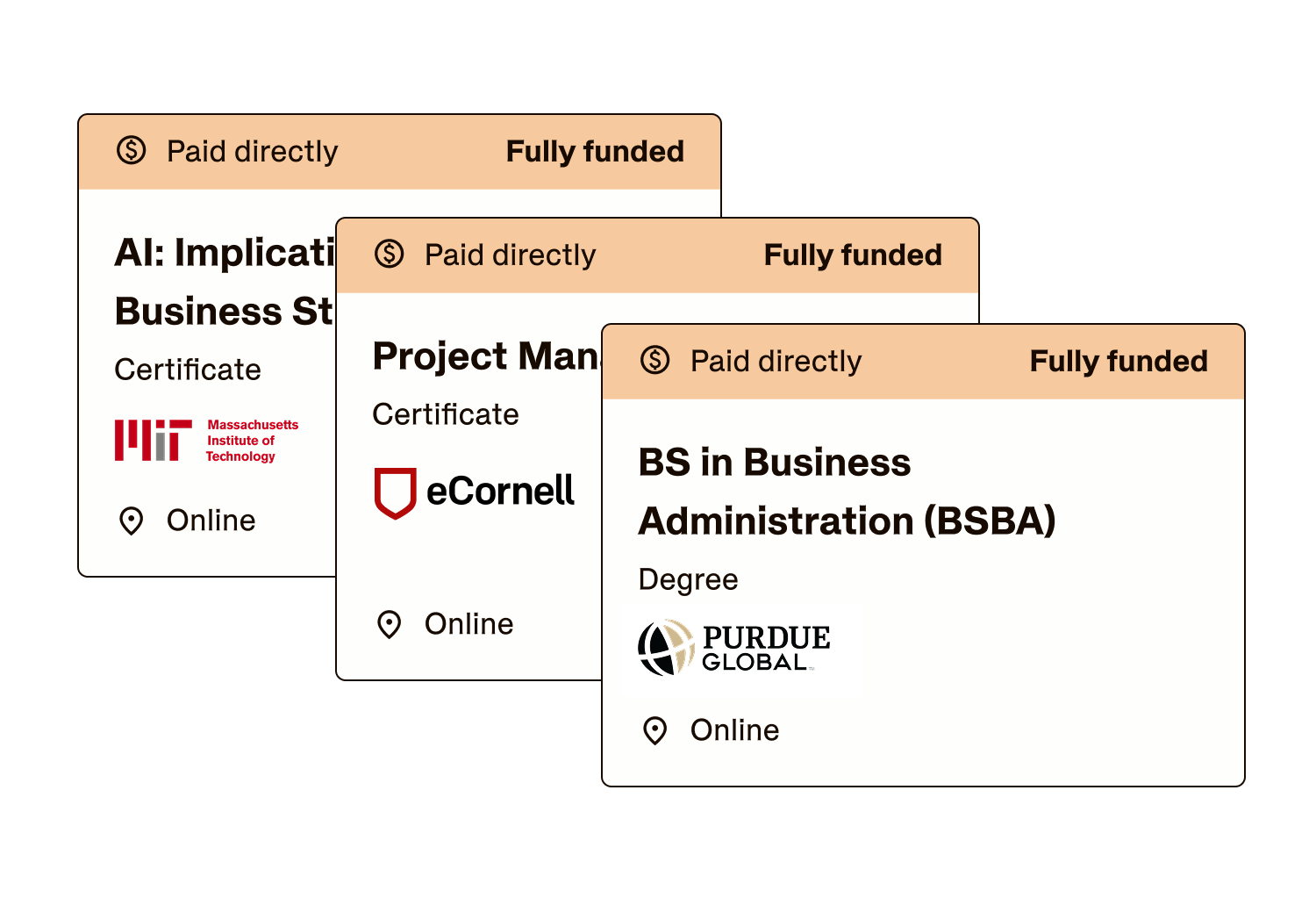 Guild Grow example program cards showing funding, credentials, and online delivery