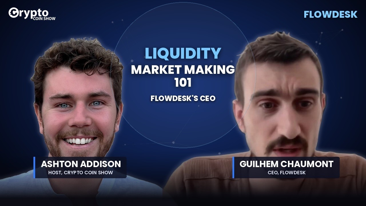 Crypto Coin Show interview artwork featuring host Ashton Addison and guest Guilhem Chaumont