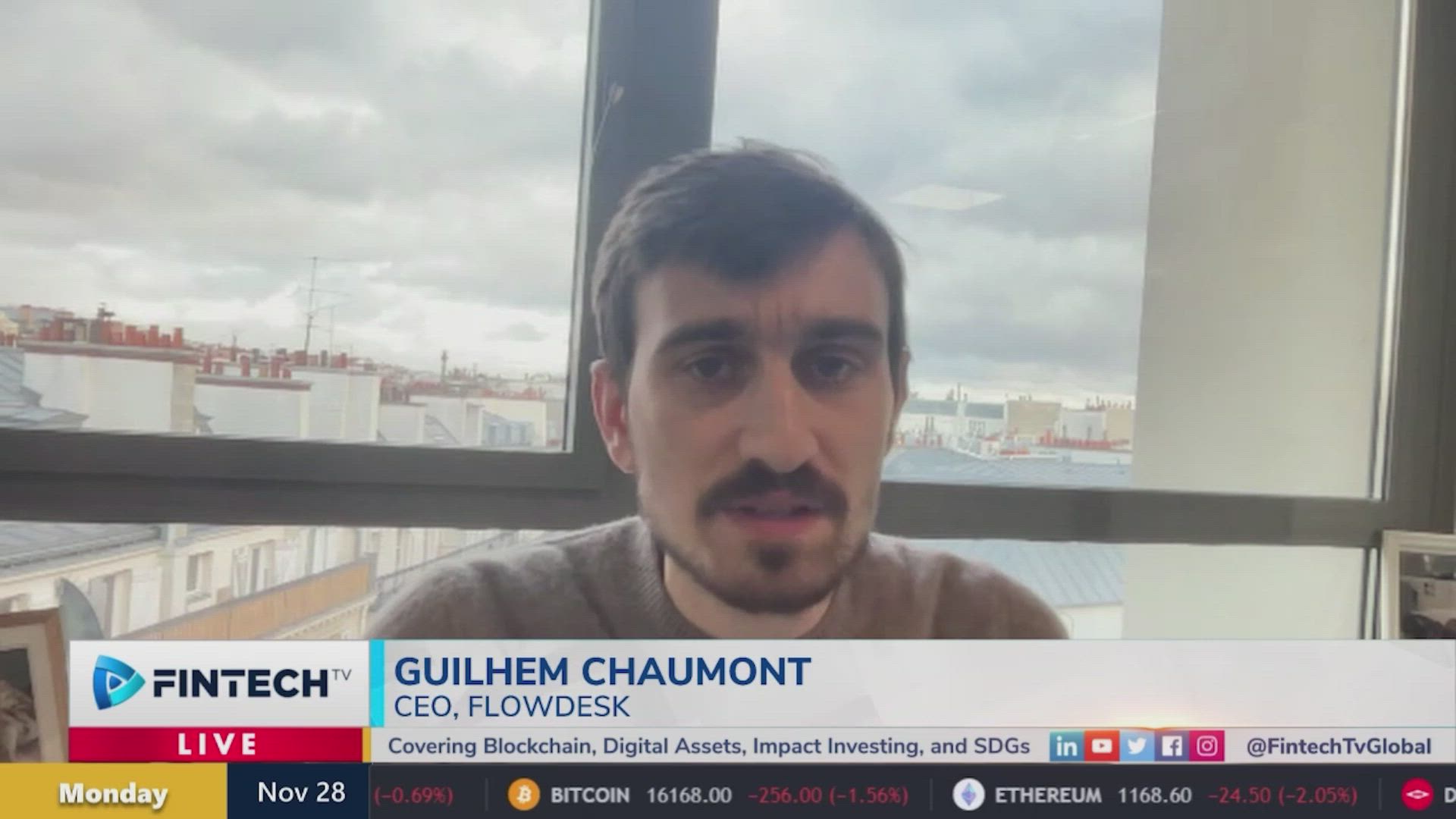 Guilhem Chaumont speaking remotely on FINTECH.TV, with his name and Flowdesk role displayed