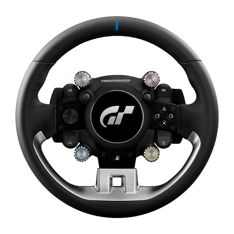 Thrustmaster GT racing wheel rim with colored dials and Gran Turismo branding