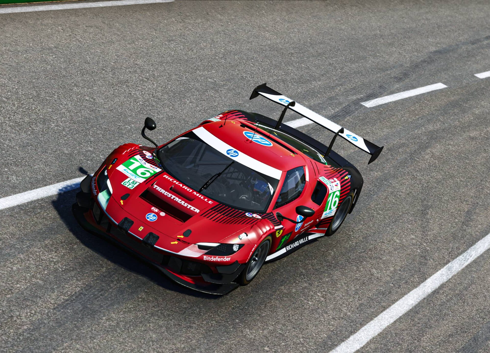 A Ferrari GT3 race car in Thrustmaster livery on track in a racing simulation