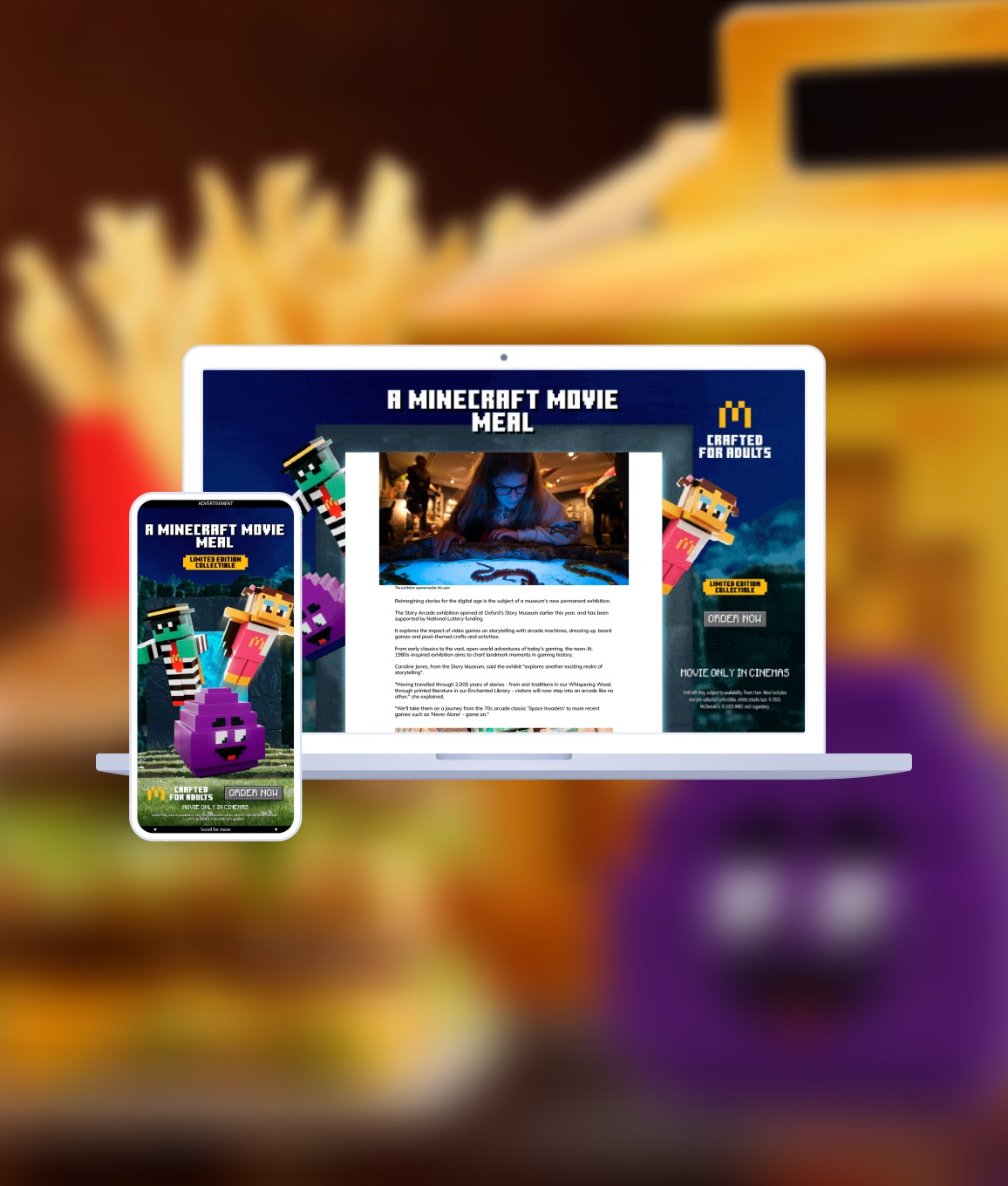 McDonald’s Minecraft Movie Meal advertising shown around editorial content on a laptop and phone