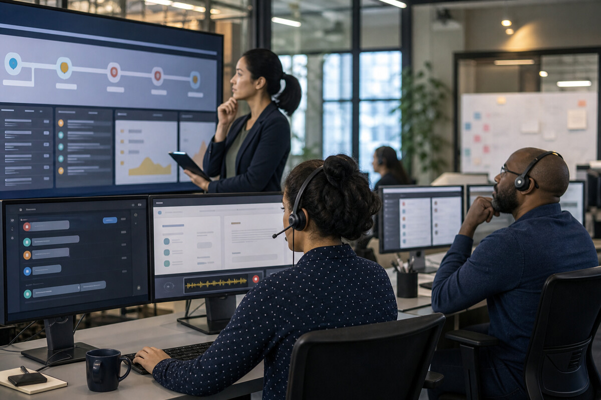 A contact center team reviewing customer conversations and a journey map across several screens