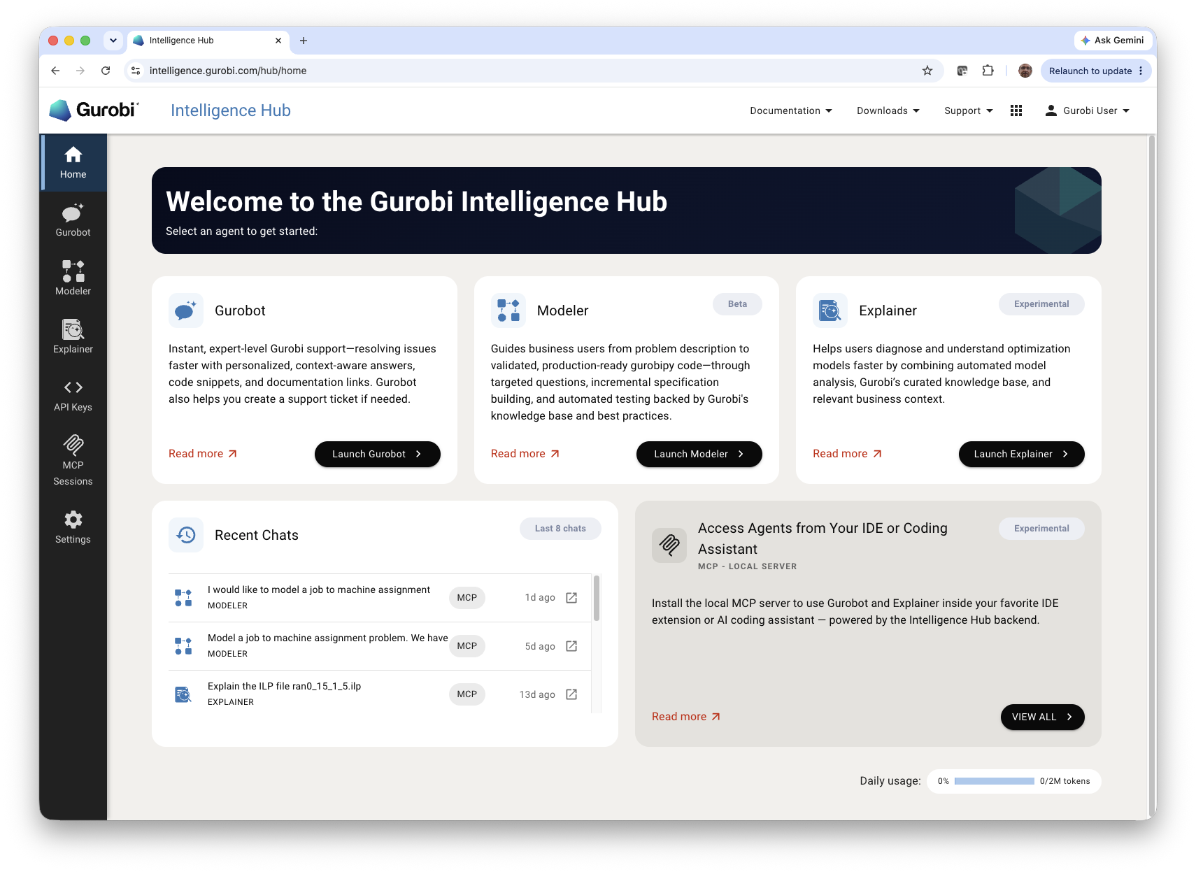 Gurobi Intelligence Hub interface showing its optimization agents